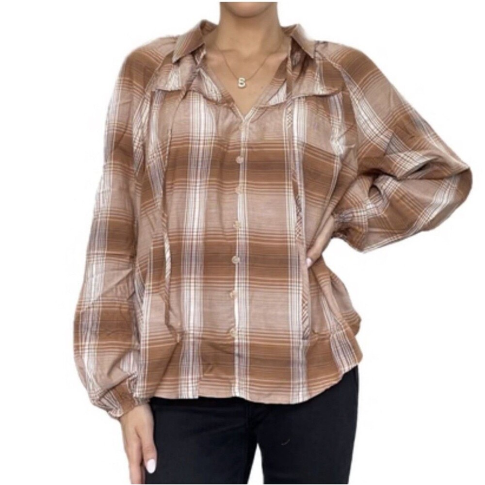 Blu Pepper Pullover Collared Top Faux Button Front Brown Plaid Size S